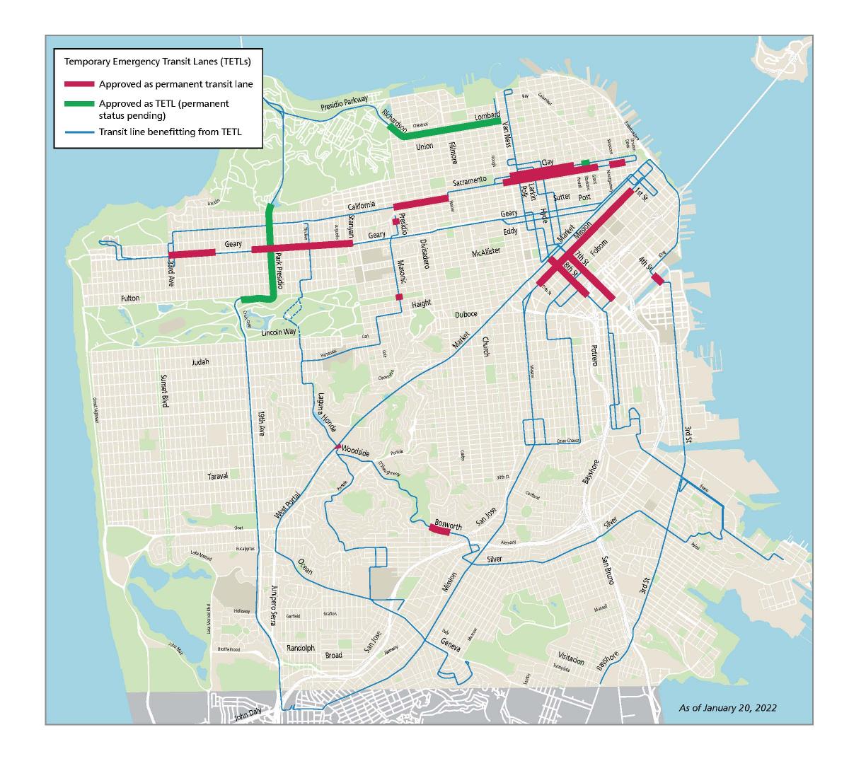 Map of San Francisco showing permanent and temporarily approved transit lanes
