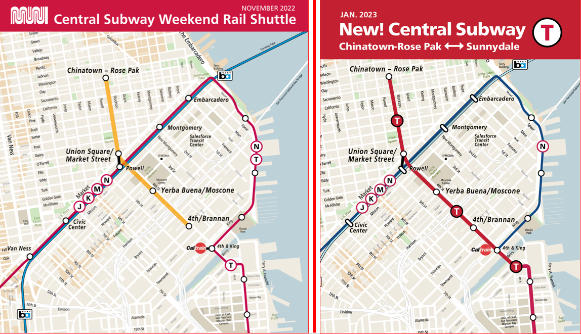 Map on the left showing the existing Muni Metro system's J Church, K Ingleside, M Ocean View, N Judah and T Third lines with the new Central Subway connecting at Powell Station. The Central Subway goes to Chinatown-Rose Pak Station at Stockton and Washington streets, Union Square/Market Street Station at Geary and Stockton streets, Yerba Buena/Moscone Station at 4th and Folsom streets and 4th & Brannan Station at 4th and Brannan streets. Map on the right showing new T Third Muni Metro routing connecting to Central Subway at 4th and Brannan from 4th and King.
