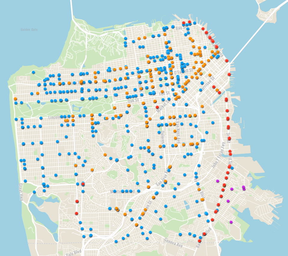 Map of San Francisco showing locations where LCD screens have been or will be installed