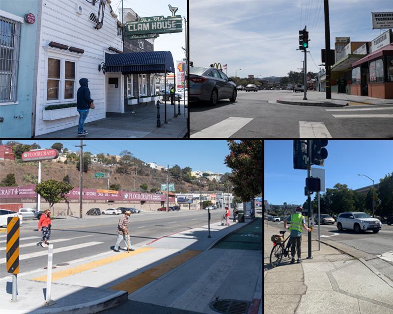 top left is Old Clam House, then top right Bayshore Taqueria, bottom left is Floorcraft and Muni customers waiting to board at Bayshore and Cortland. Last photo (bottom right) is a bicyclists waiting to cross Industrial at Bayshore.