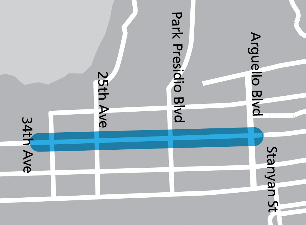 Map showing the Geary Boulevard Improvement Project limits from 34th Avenue to Stanyan Street 