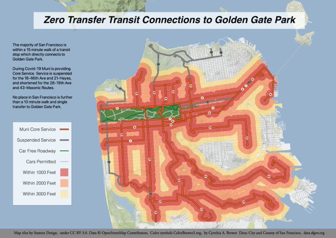 A map of San Francisco showing Muni lines that offer direct service to Golden Gate Park, including: The 18 46th Avenue, the 29 Sunset, the 5 Fulton and 5R Fulton Rapid, the N Judah, the 44 O’Shaughnessy, the 33 Ashbury/18th Street, the 7 Haight/Noriega, the 43 Masonic and the 28 19th Avenue. Around each bus route shown on the map, a red zone shows the range within 1,000 feet of a stop, orange shows within 2,000 feet of a stop, and yellow shows within 3,000 feet.