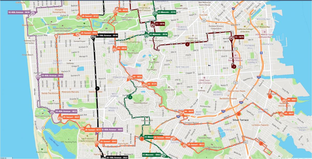 Map of San Francisco showing a detailed view of Muni routes from the southern and southeastern parts of San Francisco that serve Golden Gate Park: the 44 O’Shaughnessy, the 29 Sunset, the 43 Masonic, the 28 19th Avenue, the 18 46th Avenue and the 33 Ashbury/18th Street.