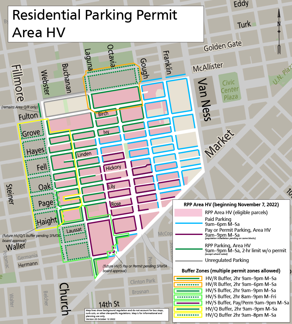 Map showing proposed parking changes in Hayes Valley. Text version of proposal available on the project webpage.