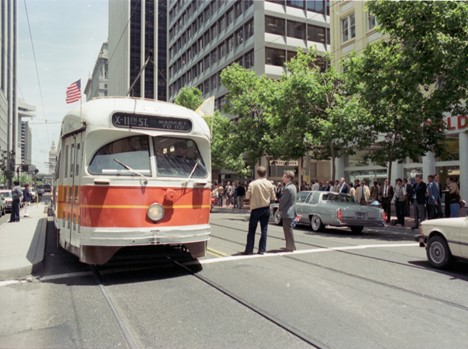 PCC type streetcar, Muni’s number 1040, on Market Street.