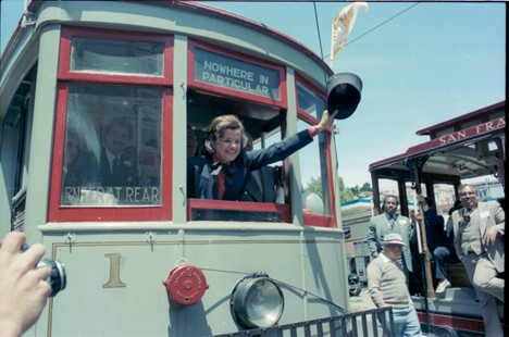 Mayor Diane Feinstein waving during the opening day festivities on June 23, 1983 during the inaugural ride on Muni’s Streetcar 1.
