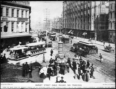 Archival photo approximately from the 1890's and early 1900's depicting San Francisco's public transit system