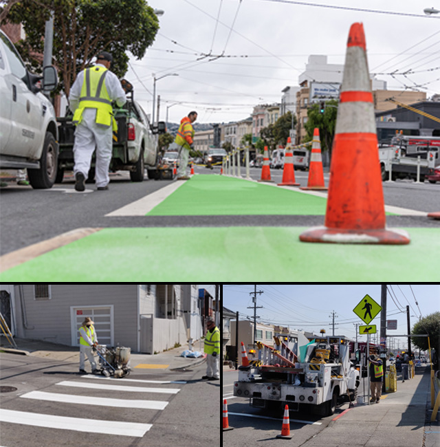 SFMTA Shop Staff painting a bike lane, Shop staff painting a crosswalk, Shop staff installing a pedestrian crossing sign.