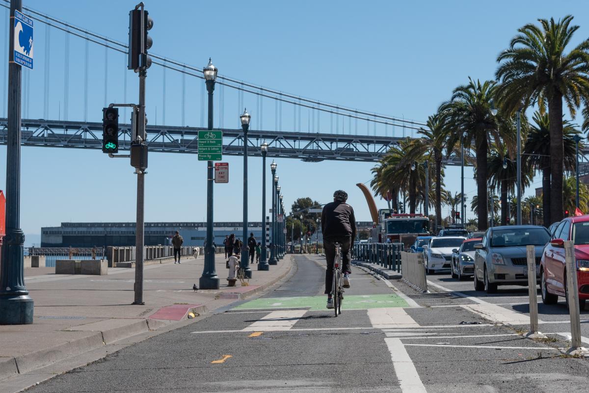 The view while riding on the Embarcadero looking at the Bay Bridge waterfront view 