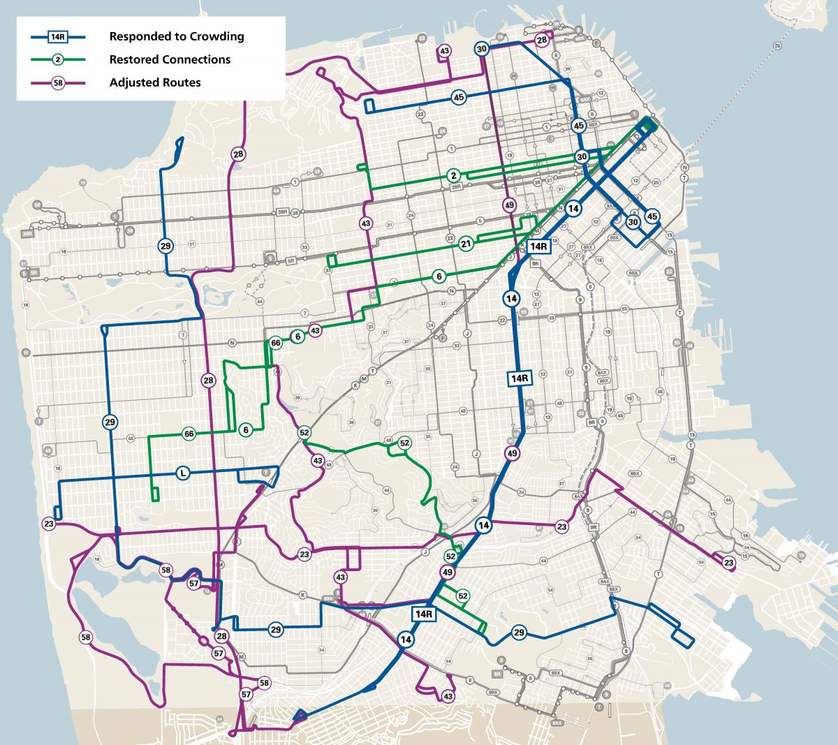 Map showing the routes that are part of the July 2022 service changes. Routes responding to crowding: 14R Mission Rapid, 29 Sunset, 45 Union-Stockton, 58 Lake Merced, L Bus. Routes that are restoring connections: 2 Sutter, 6 Parnassus, 21 Hayes. Routes being adjusted or restored: 23 Monterey, 28 19th Avenue, 43 Masonic, 49 Van Ness, 52 Excelsior, 57 Parkmerced, 58 Lake Merced, 66 Quintara.
