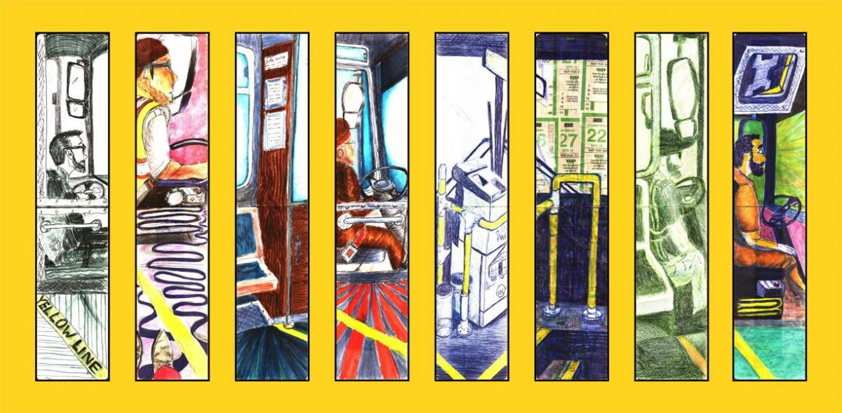 Artist Kurt Schwartzmann's drawing showing eight images of bus interiors, five of which depict drivers
