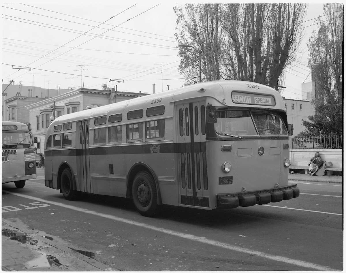 Bus on 39 Coit route at bus stop across from Washington Square Park.