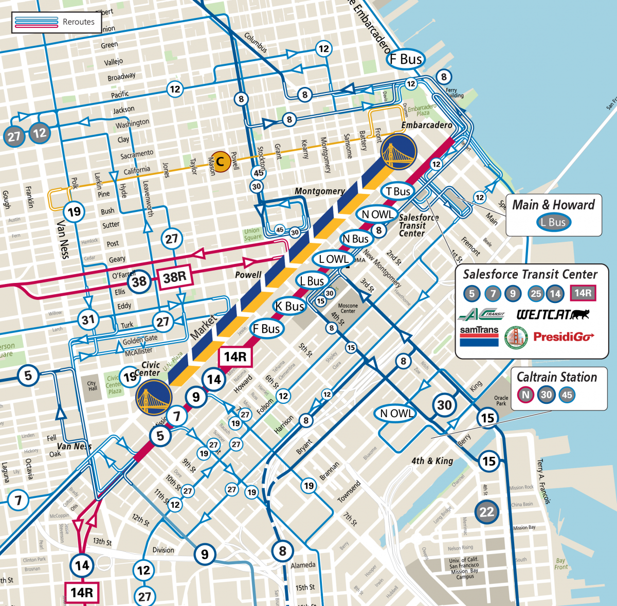 Map of Muni Reroutes of Warriors Parade day, which is Monday, June 20, 2022. Image visualizes the routes described in the tables on this page. 