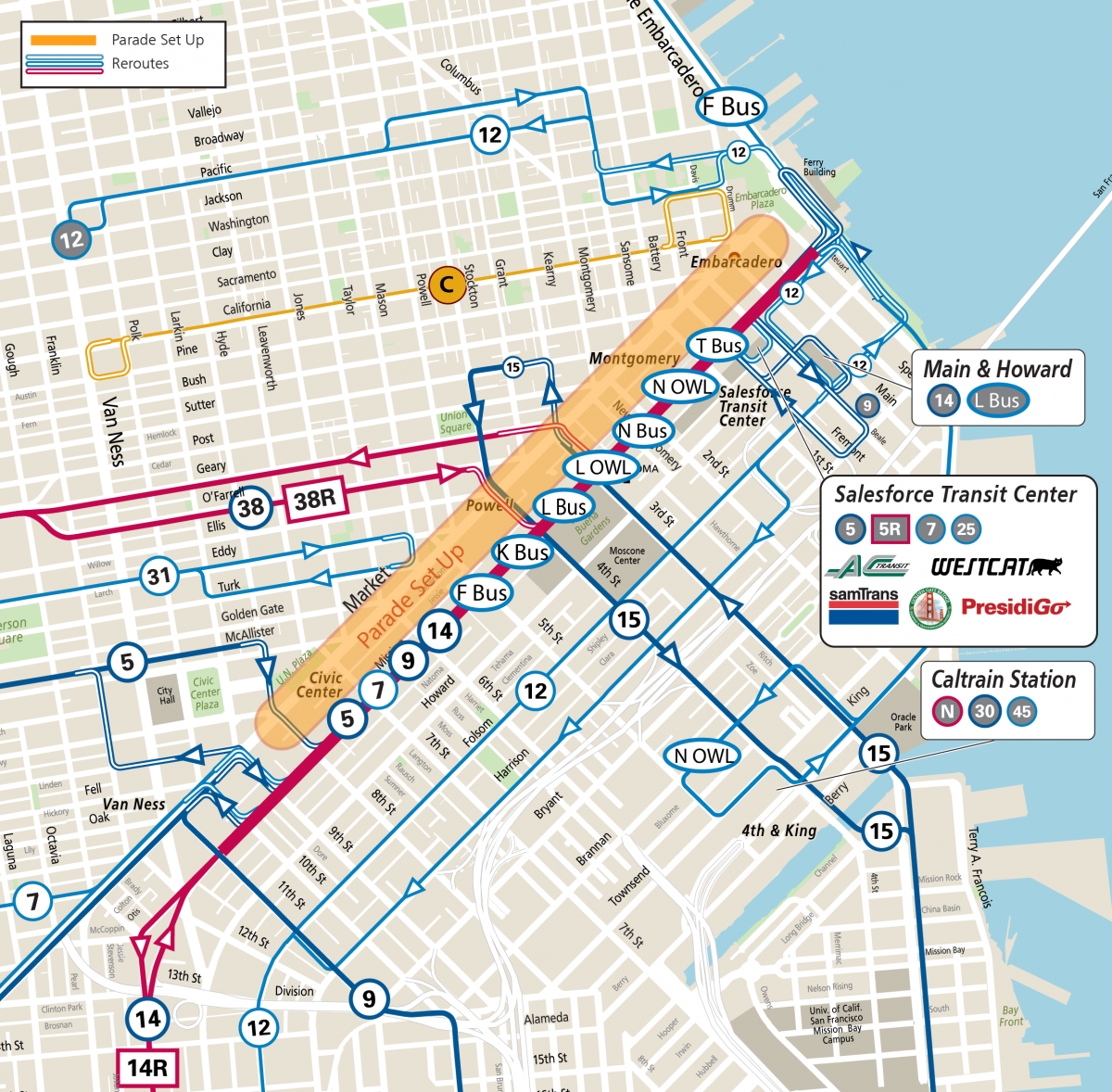 Map of Muni Reroutes of Parade set up day, which is Sunday, June 19, 2022. Image visualizes the routes described in the tables on this page. 