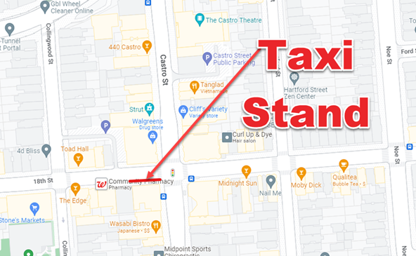 Map of the taxi stand located on Castro St. has been temporarily moved to the south side of 18th Street, west of Castro Street.