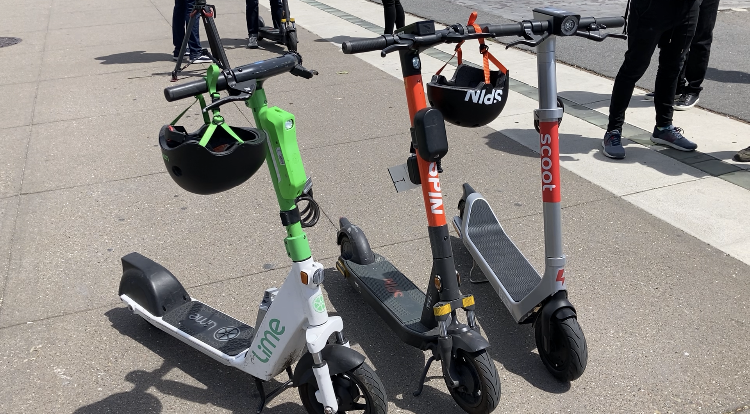 Scooter permittees Lime, Spin and Scoot lined up during the MTA's Scooter Sidewalk Riding Detection Technology Demonstration 