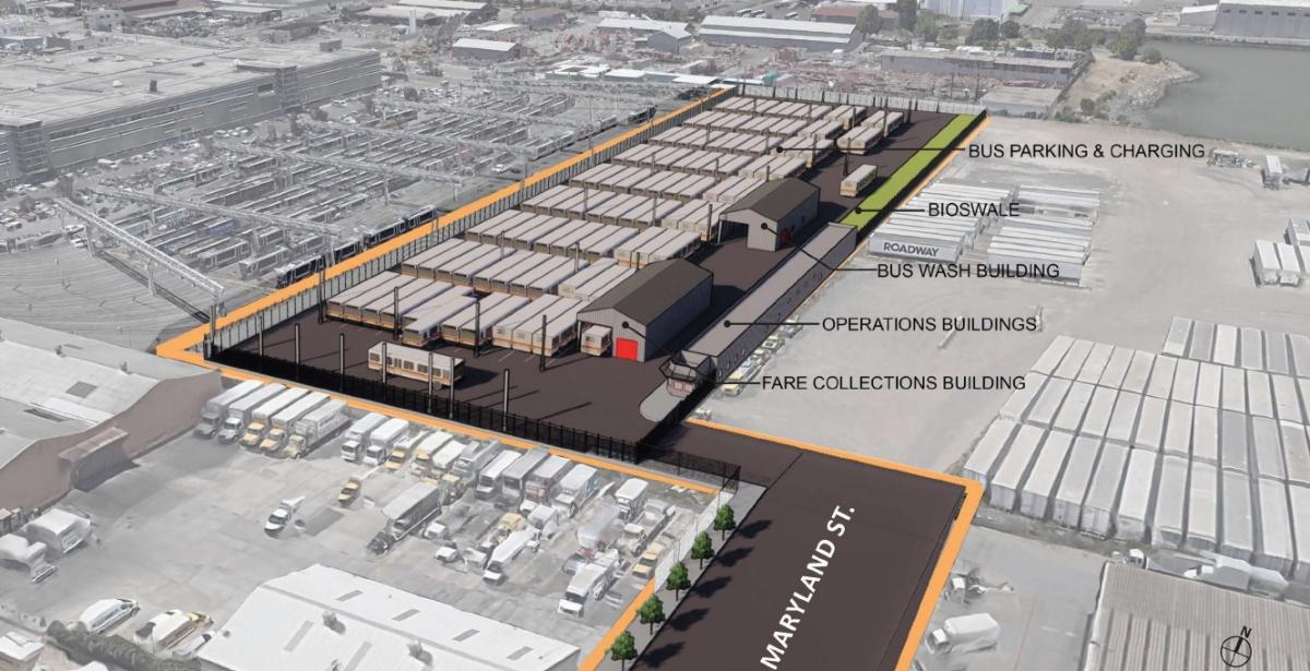 Conceptual aerial rendering of Bus Yard next to Muni Metro East with downtown in the background