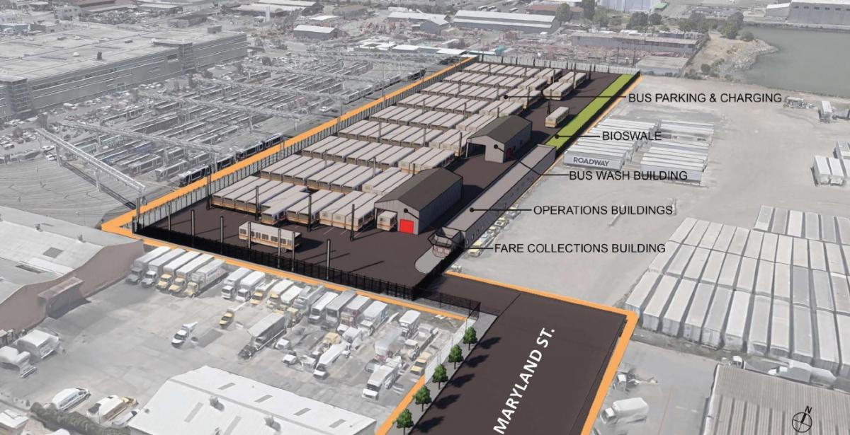 Conceptual aerial rendering of Bus Yard next to Muni Metro East with downtown in the background