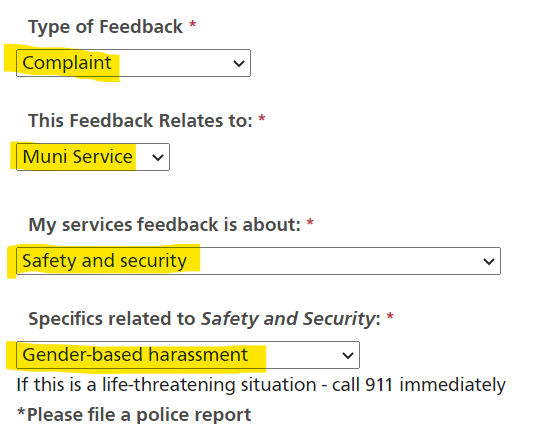 Screenshot of the Muni Feedback Form where "Complaint," "Muni Service," "Safety and Security," and "Gender based harassment" are selected