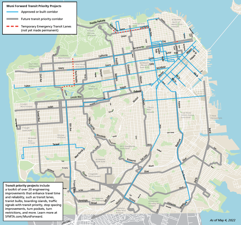 Map showing the Muni Forward transit priority projects across the city, including approved or built corridors, future transit priority corridors and temporary emergency transit lanes that are not yet made permanent.