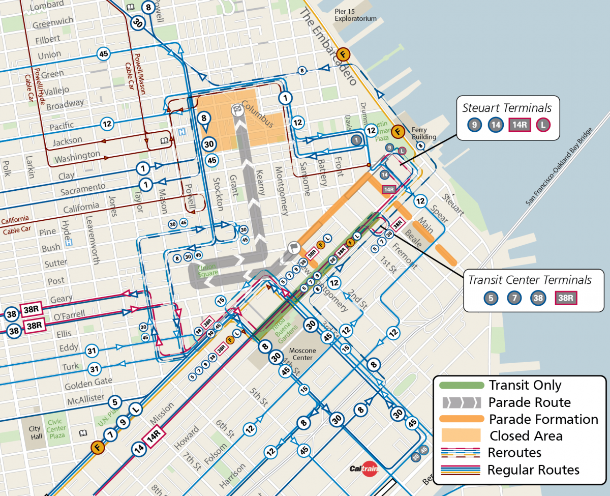 Map of parade route and transit reroutes. See body for details. 