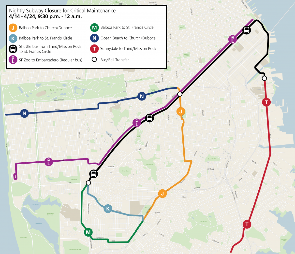 Night Subway Closure Map, April 2022
