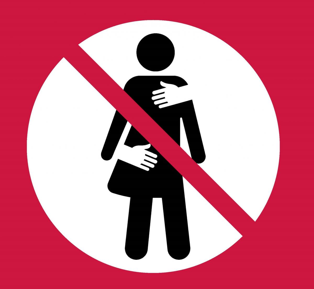 Person figure with hands on its body in the center of a white circle with a red background and red slash-through symbolizing no harassment