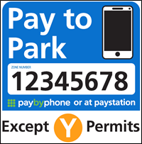 Image of sign that says "Pay to Park", a zone number, "pay by phone or at paystation" and "Except Y Permits" with an image of a smartphone