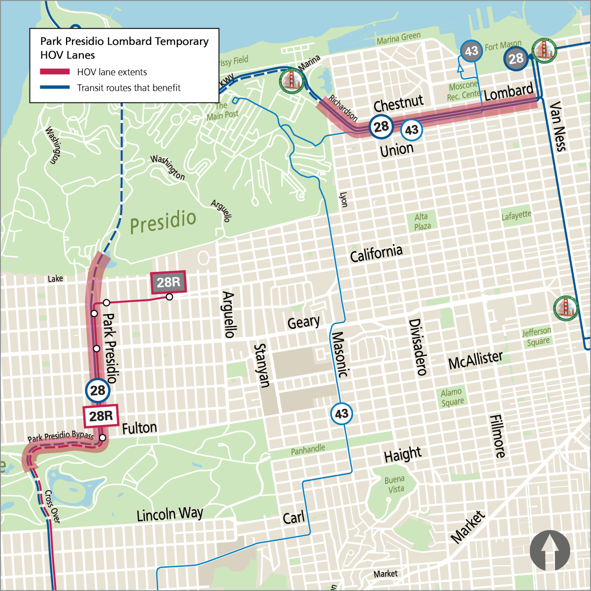 map of transit lanes on park presidio and lombard. 