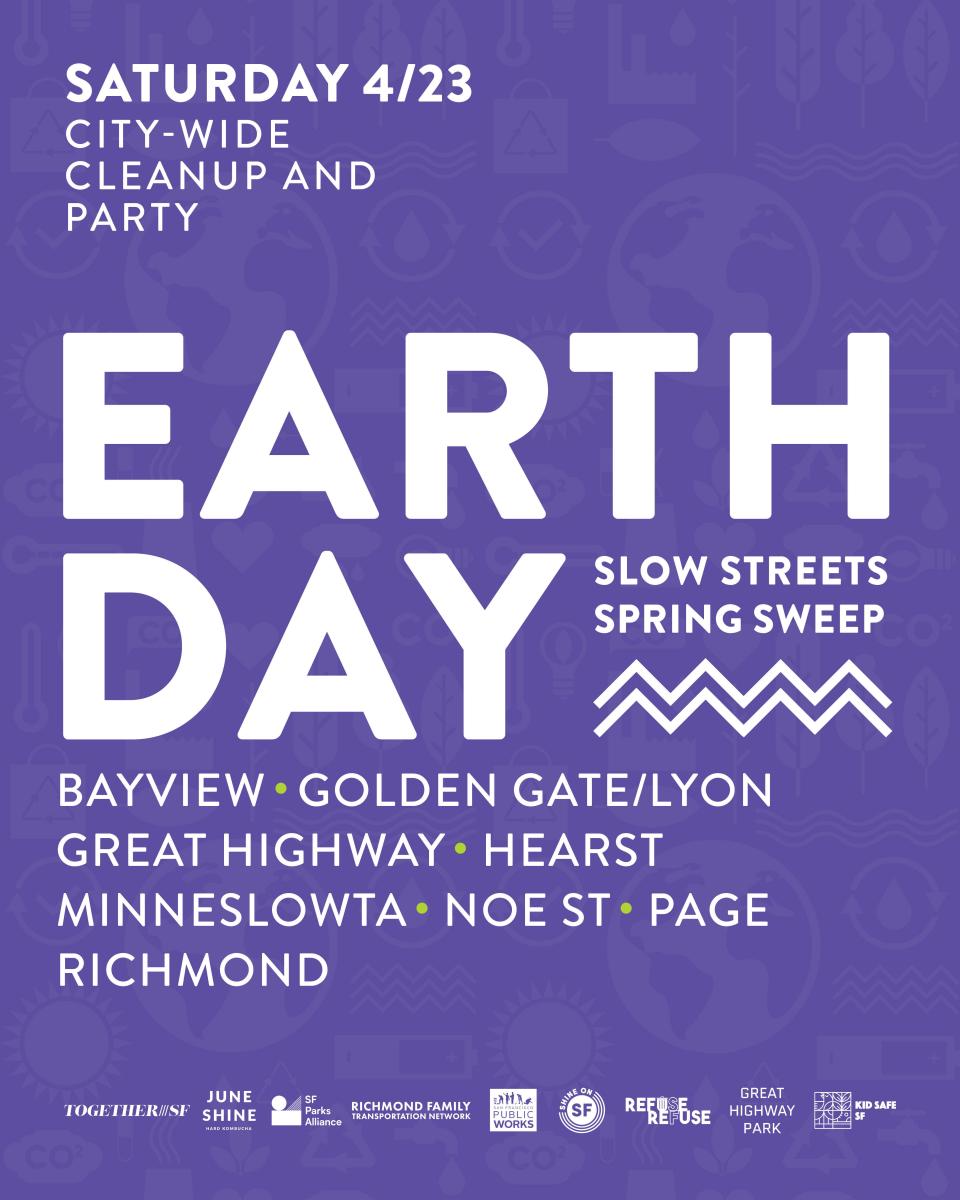 Flyer announcing Earth Day City Wide Clean Up and Party listing details, communities of focus and partnered agencies involved. 