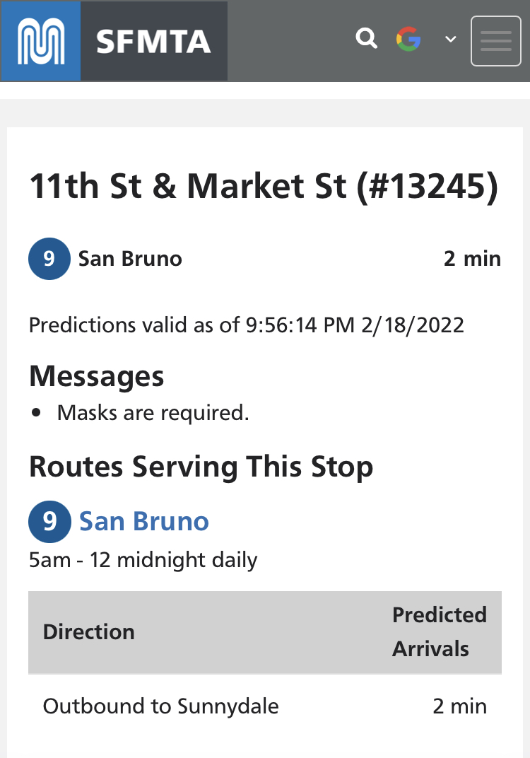 Example image of a stop page using the transit shelter's five digit stop ID