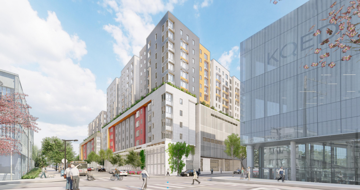 Renderings of buildings on top of a bus yard with a bus, several parked cars and pedestrians along the streets and across the intersection 