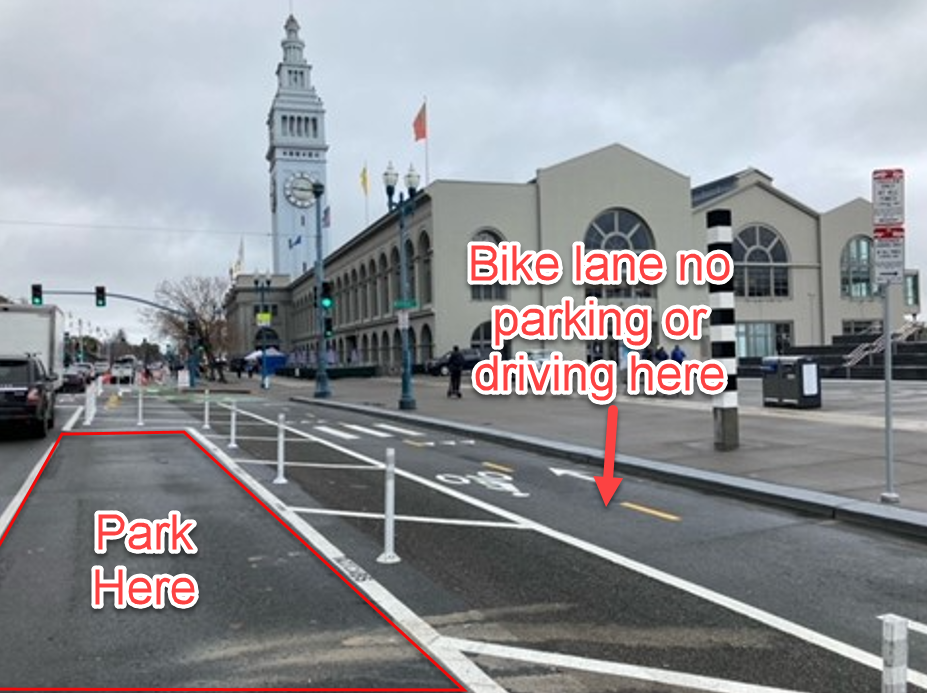 Image showing taxi where to park and should not enter the bike lane