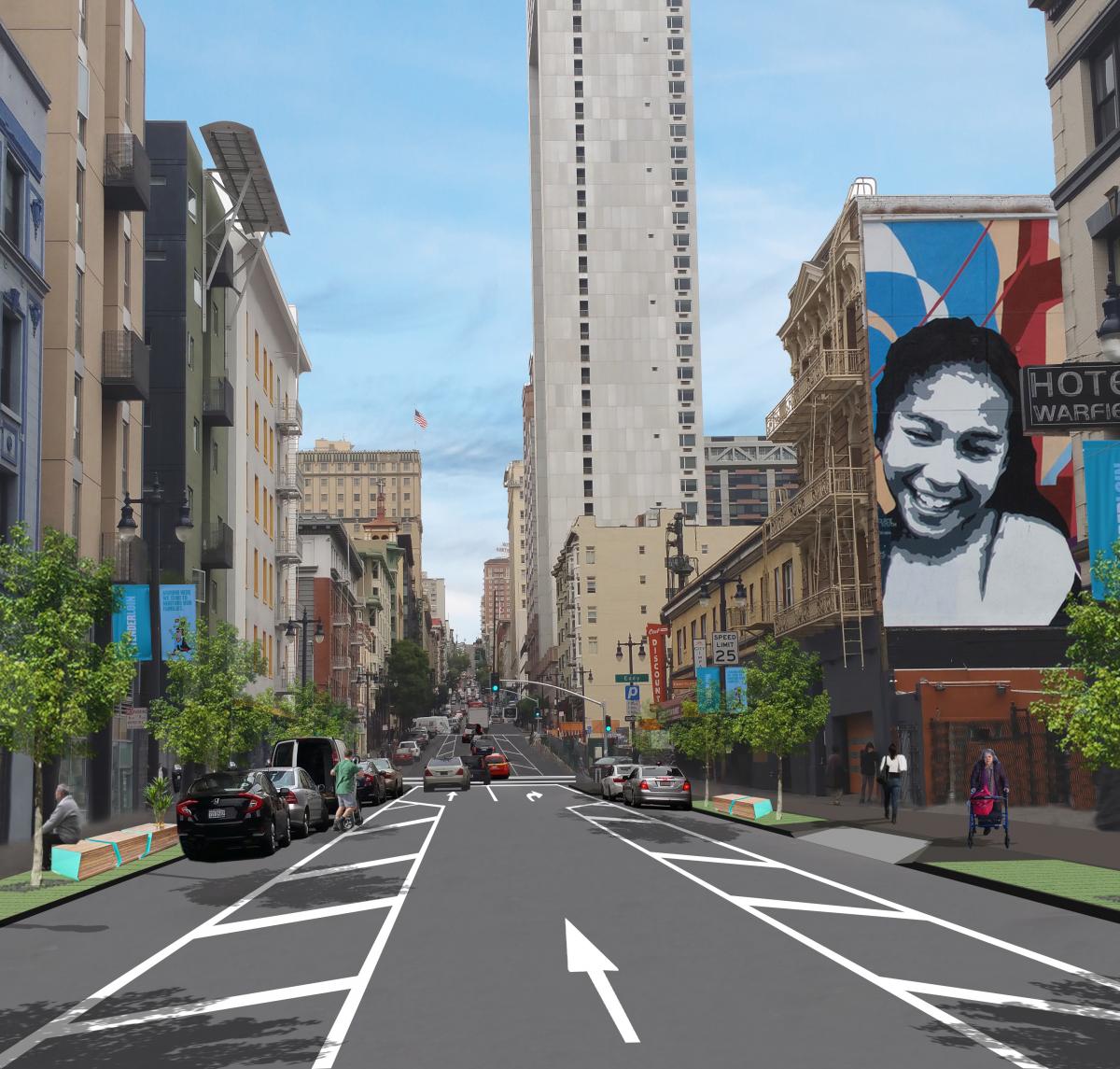 Photo rendering showing completed improvements on Taylor Street between Turk and Ellis Streets.