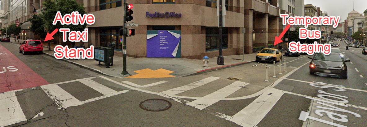 Image showing the active taxi stand and temporary bus staging on Taylor and O'Farell 