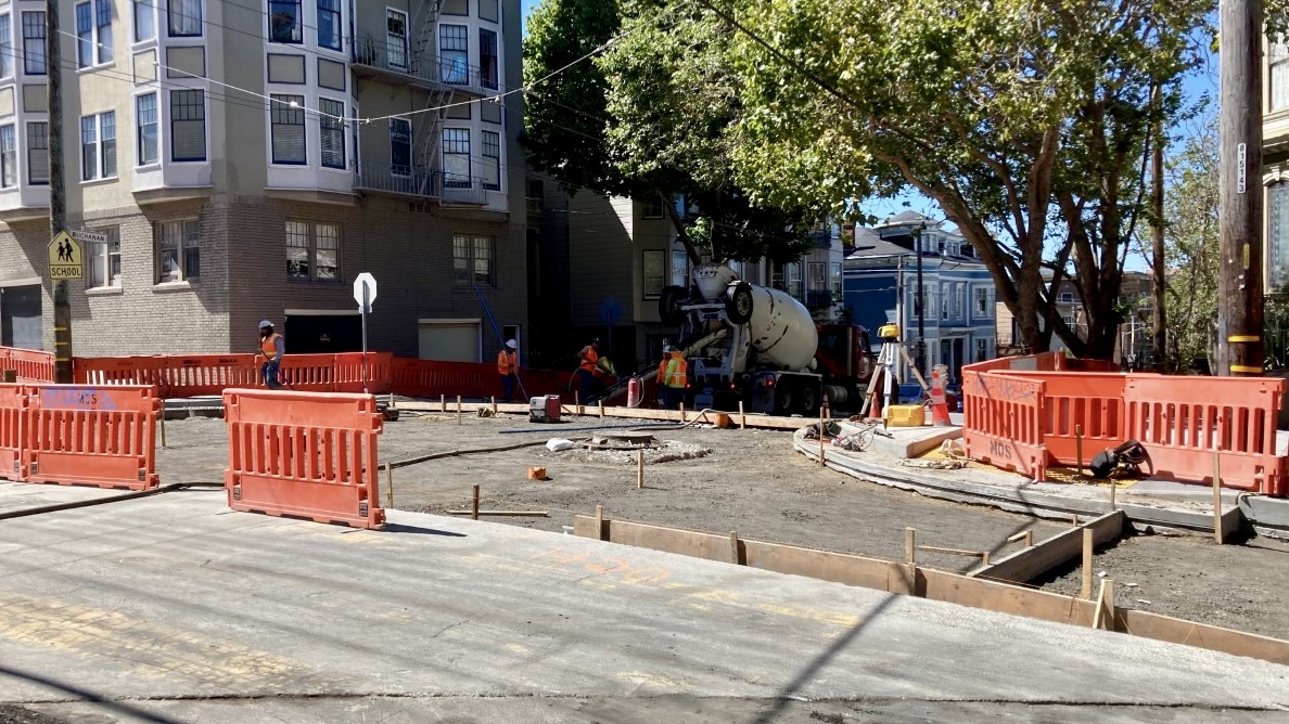 Image of in-progress construction of the raised intersection at the intersection of Page Street and Buchanan Street