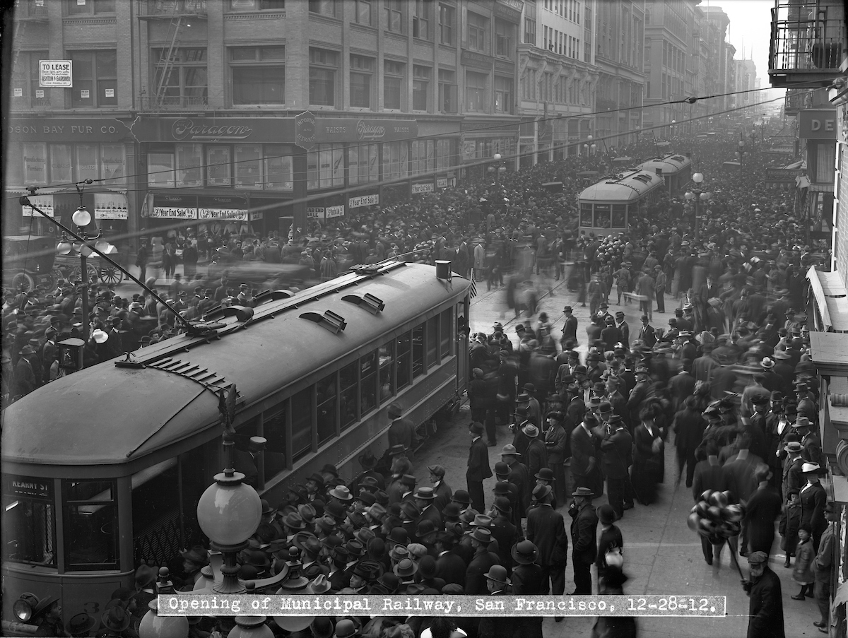 Archival photo depicting opening day of the San Francisco Municipal Railway on December 28, 1912 
