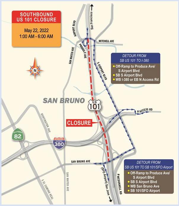 Map showing the re-route for 101 closure.