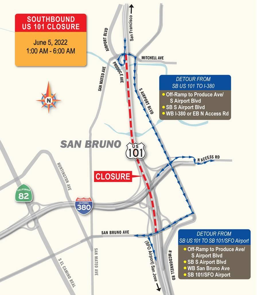 Map showing the re-route for 101 closure.