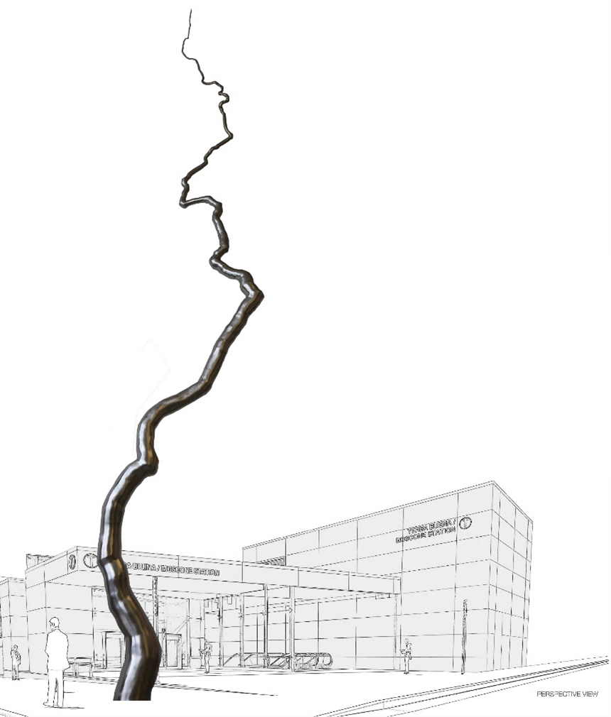 Rendered image of an art node piece in front of a building with a person in the foreground