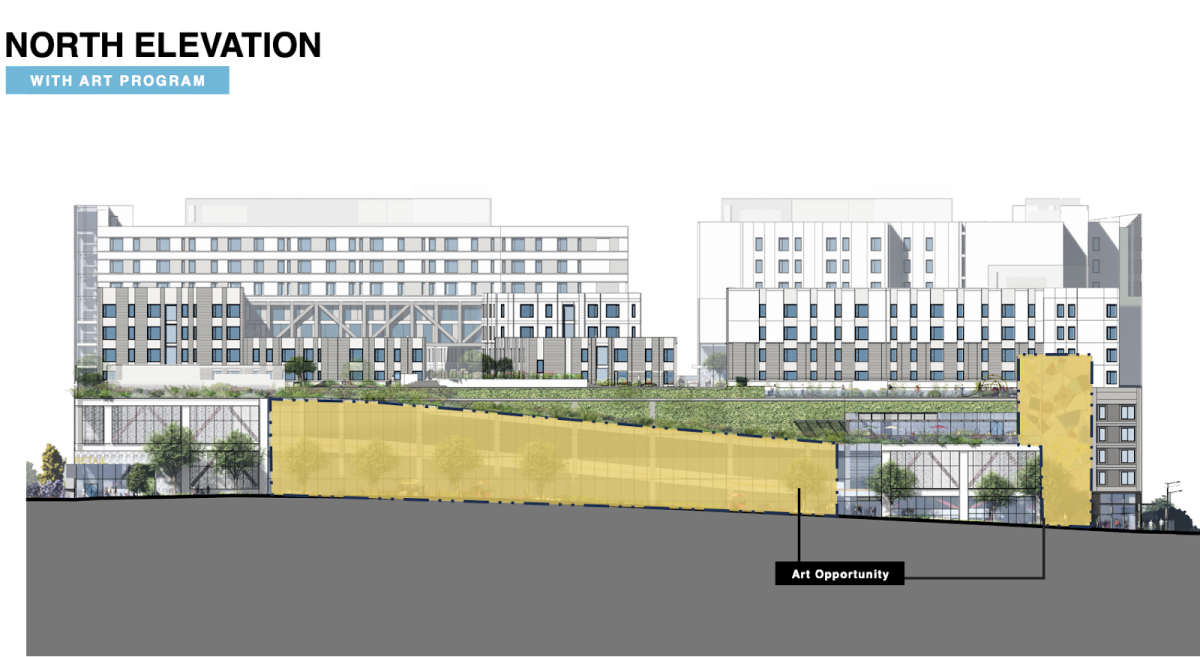 North elevation showing locations of art opportunities on the Project site.