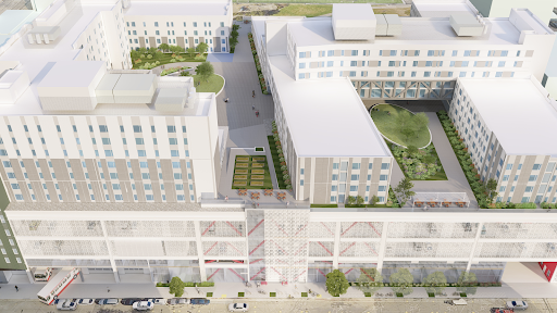 rendering of aerial view of podium housing above bus yard
