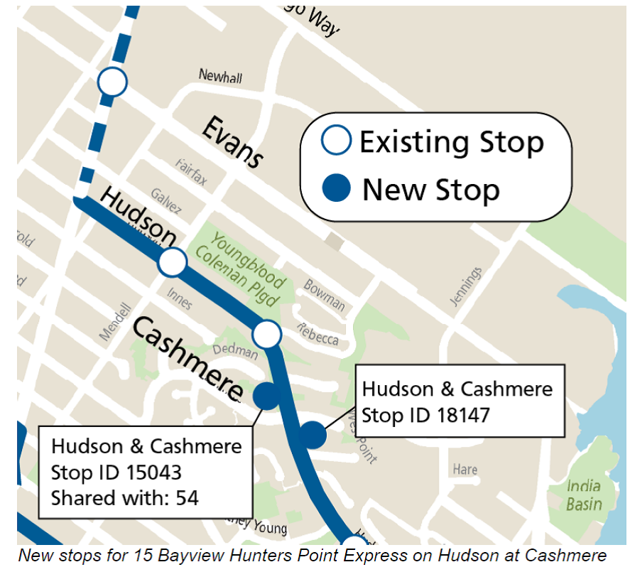 Map of 15 Bayview Hunters Point Express stop additions effective January 20, 2024