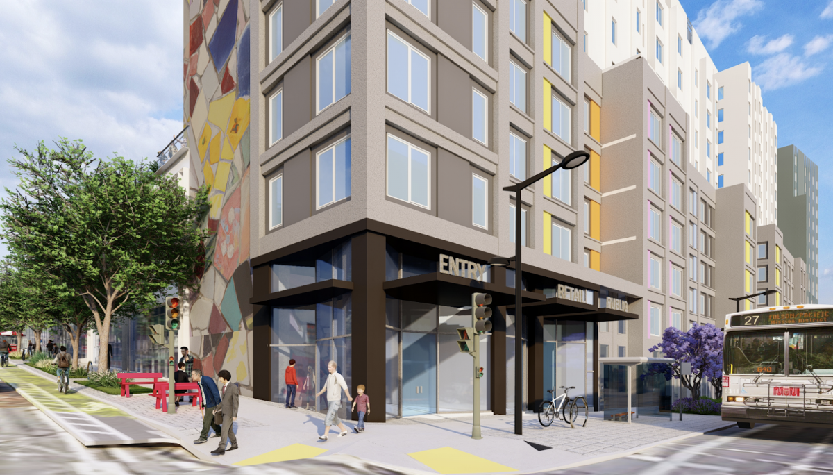 Close-up of a retail entrance with pedestrians walking, bike lane, and 27 Muni stop