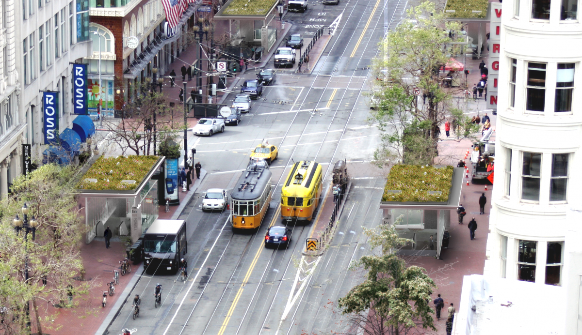 Rendering of four BART/Muni Canopy Living Roofs on Market Street at Stockton/Fourth Streets: VIA, a Perkins Eastman Studio