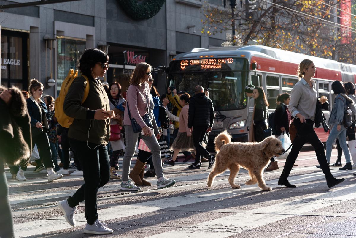 Lots of people and a dog crossing Market Street near Powell Street with a 9R Muni Bus waiting at the crosswalk