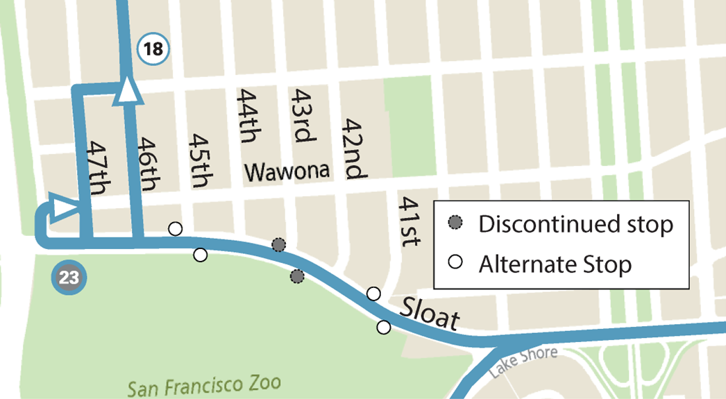 Map showing location of stop removal for the 19 & 23 routes, effective Sat., Aug. 19, 2023