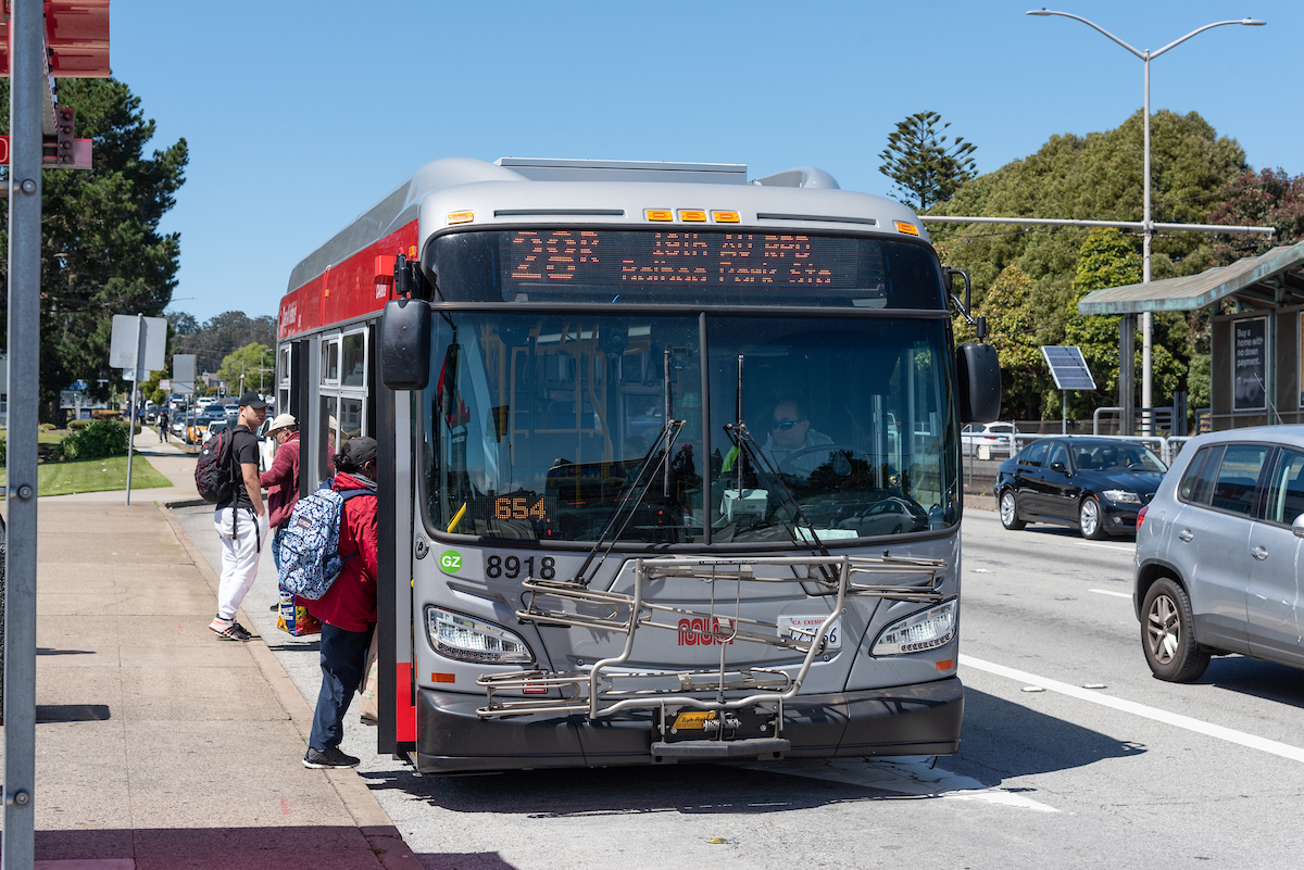 People boarding the 28R bus on 19th Avenue.