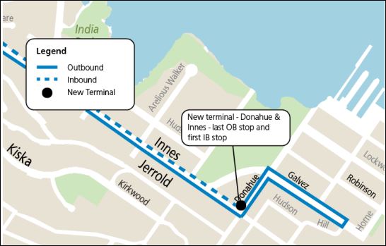 Map showing terminal stop location change for the 19 Polk, effective Saturday, August 19, 2023