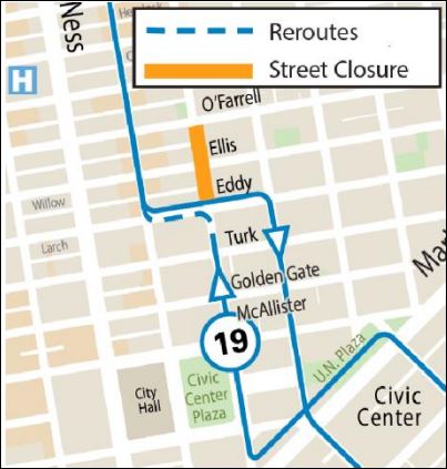 Map showing the inbound 19 Polk reroute during the Shared Spaces event in the Tenderloin on Sat., August 12, 2023